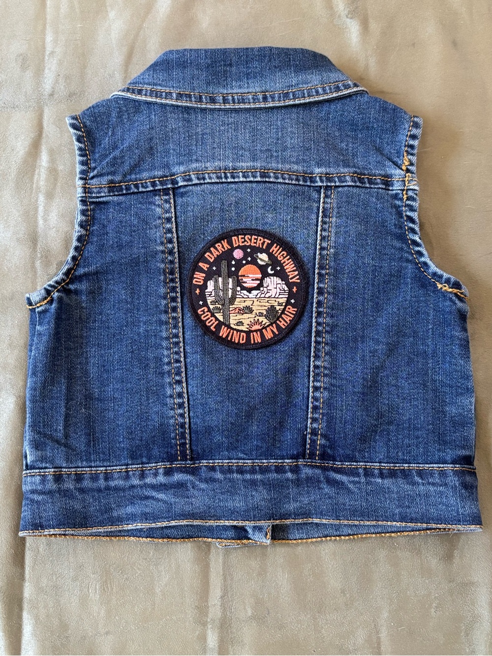 “DESERT HWY COLD WIND” Custom Genuine Kids OshKosh Hand-Sewn Patch Denim Vest